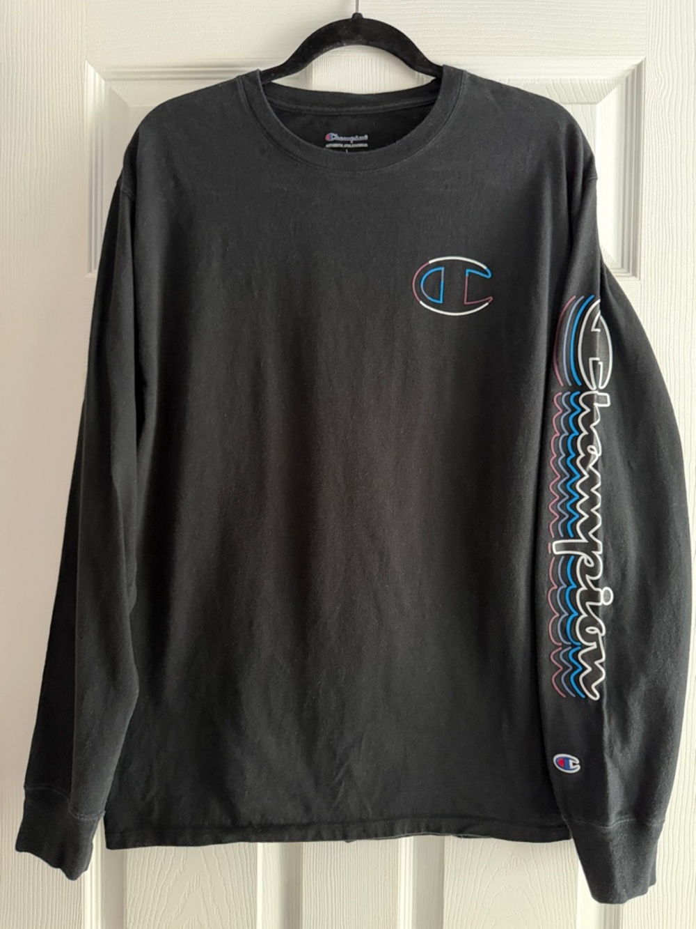Champion Unisex Black Long Sleeve Tee with Blue & Purple & White Logo Sleeve